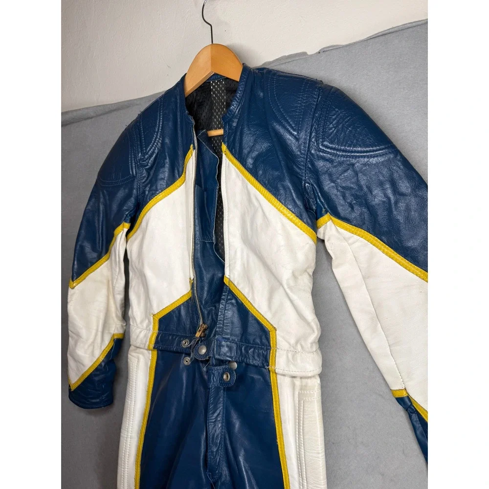 Vintage Leather Motorcycle Racing Suit Blue White Yellow handmade Jumpsuit